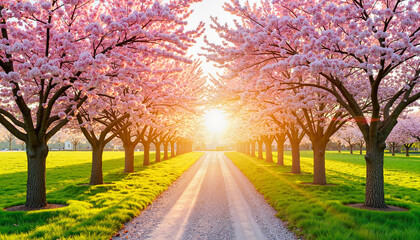 Fototapeta premium Blossoming cherry trees lining tranquil pathway at sunrise, harmony