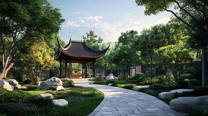Scenic Chinese garden with stone path pagodas and lush greenery image