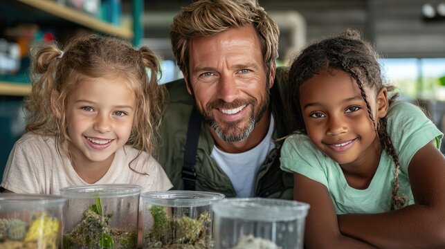 Smiling Teacher and Kids Engaged in Fun Science Experiment with Nature Samples in Classroom - Powered by Adobe