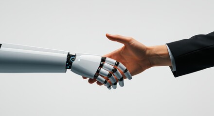 Clean style with robot and human hands shaking in unity, technology, artificial intelligence concept