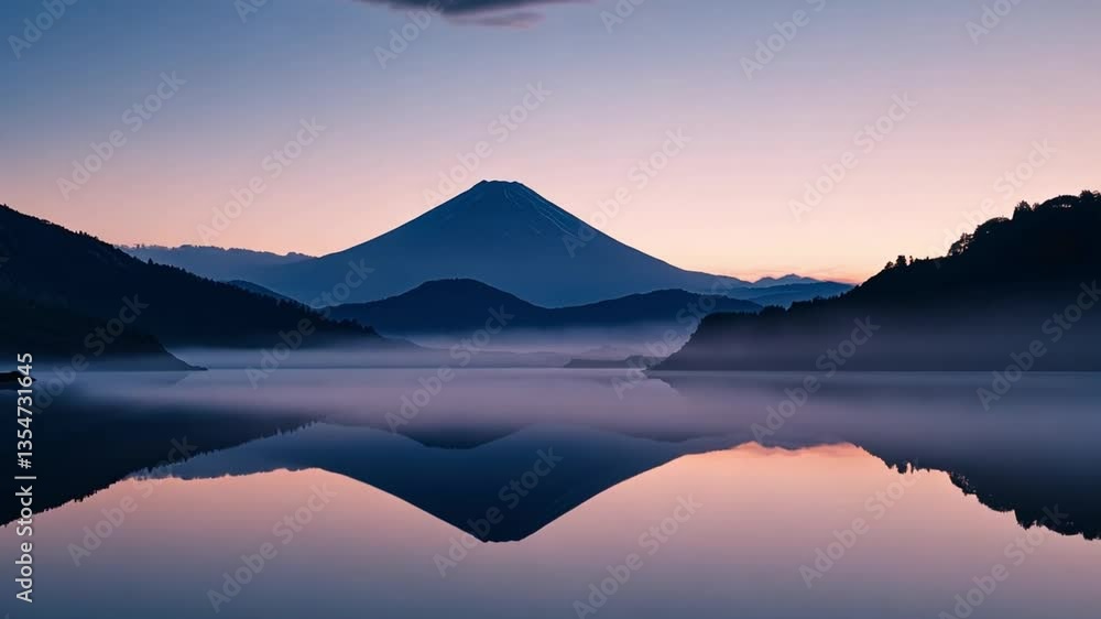 Poster serene mountain reflection at dawn with mist over calm lake and soft pastel skies creating a tranqui