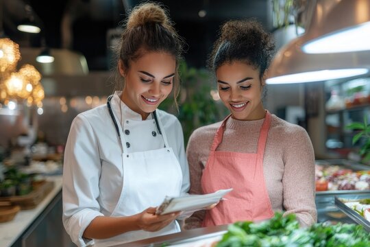 Two Female Chefs Collaborating in a Modern Restaurant Kitchen Surrounded by Fresh Produce