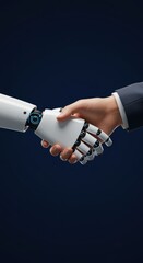 Clean style with robot and human hands shaking in unity, technology, artificial intelligence concept