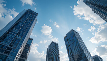 Obraz premium Skyscrapers with City, Blue Sky, and Clouds.