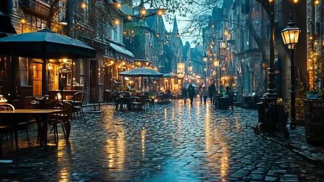 Rainy Evening Stroll Through a European Town