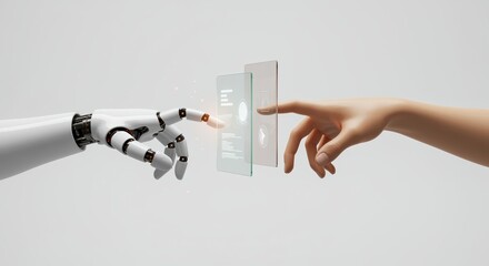 Clean white style featuring a robot and human hand reaching from the side