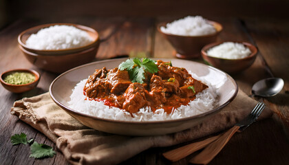 rendang and white rice, indonesian food