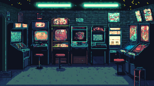 A retro arcade room with glowing machines and pixel art aesthetic.