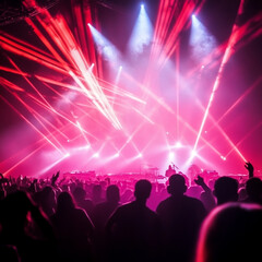 A rock concert with a crowd under laser lights, dynamic composition.