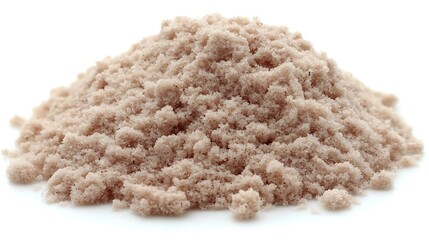 Pile of light brown powder on white background.