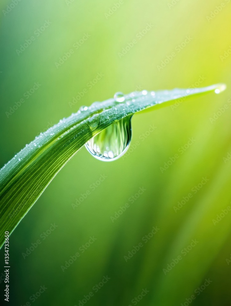 Poster close-up macro shot of dewdrop on fresh green wheat leaf showcasing detailed reflections in soft nat