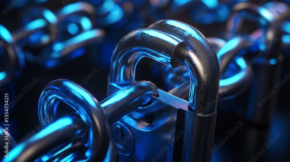 Aufkleber Close-up of interconnected metallic padlocks and chains under blue light, symbolizing security and connection.