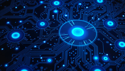Fototapeta premium Futuristic circuit board pattern glowing in neon blue, tech innovation
