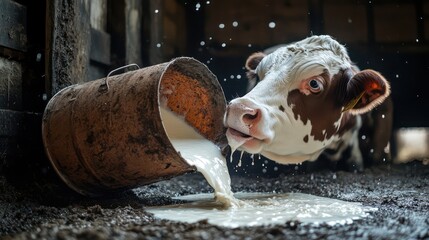 Calf Drinking Milk From Pail