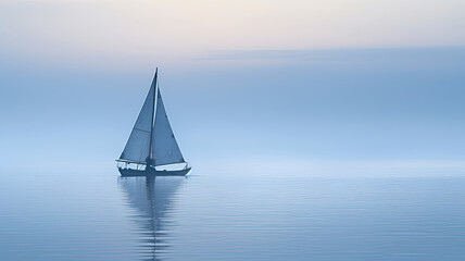 Fototapeta premium The white sail is lonely In the blue sea fog.