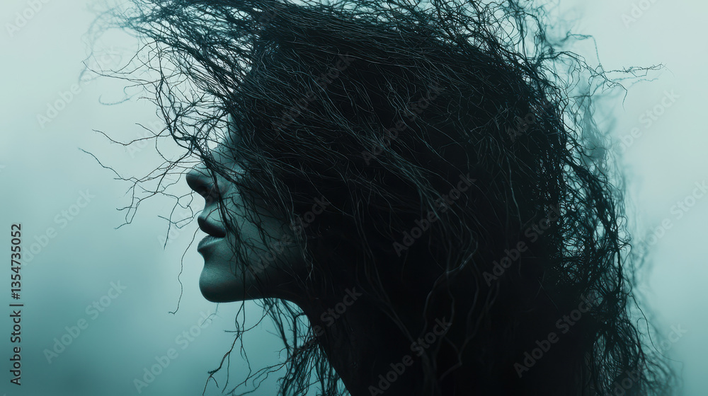 Poster surreal representation of anxiety with intricate strings illuminating the human mind against a dark 