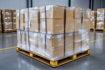 Pallet of wrapped boxes arranged in a warehouse showing organization and storage efficiency