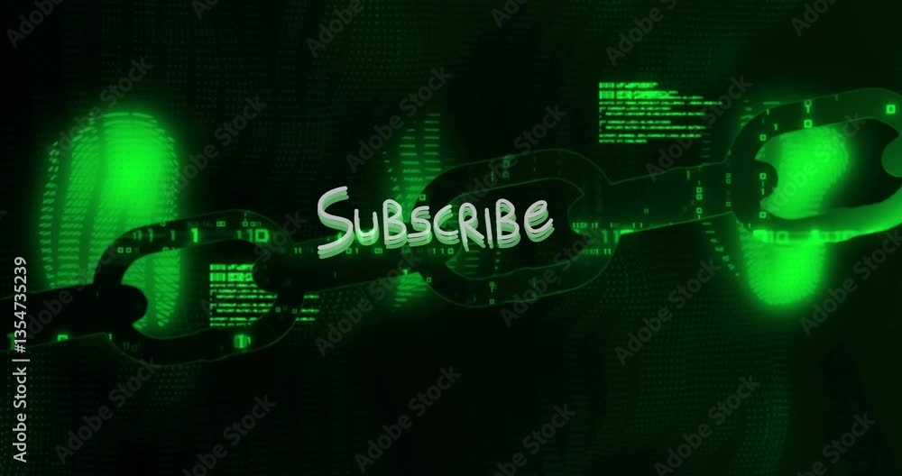 Aufkleber binary code animation with subscribe text overlaying digital chain background
