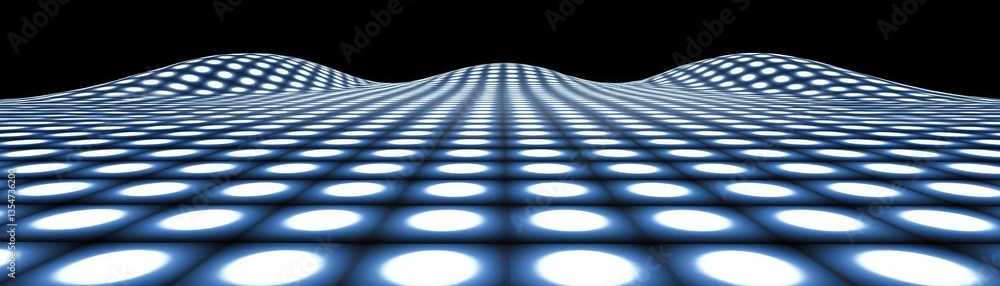 Poster illuminated tile floor curves upwards in a dark space for an event or background