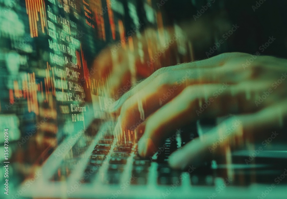 Poster close-up of hands typing on laptop keyboard with data overlay.