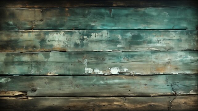 **An abandoned wooden wall with peeling green paint, showing raw wood textures beneath the cracked layers, illuminated by soft natural light.