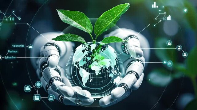 Human-Technology Harmony in Sustainability as a Robot Hand Gently Holds a Green Plant on Earth, Signifying Future Innovations in Eco-Friendly Practices