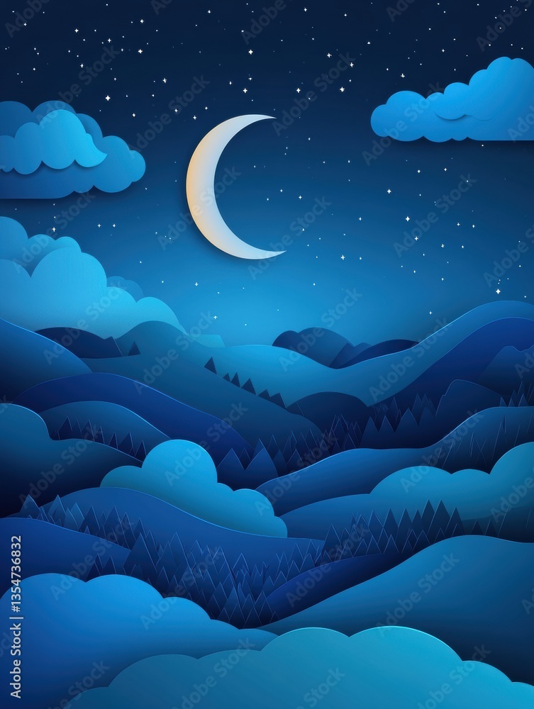 Poster dreamy moonlit landscape with layered paper cut style featuring clouds and a crescent moon in deep b