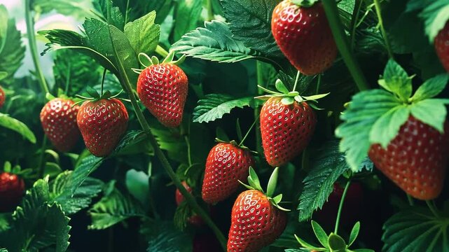 A close-up image of vibrant red strawberries growing abundantly amongst green foliage.