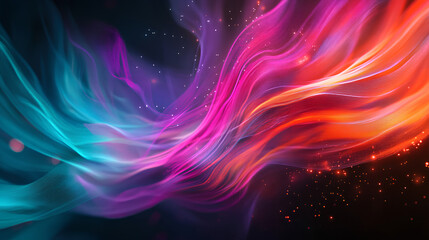 Fototapeta premium Closeup of vibrant neon lighting effects with glowing red teal and violet beams twisting against a deep dark background 