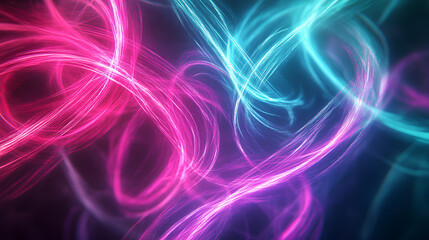 Obraz premium Closeup of vibrant neon lighting effects with glowing red teal and violet beams twisting against a deep dark background 
