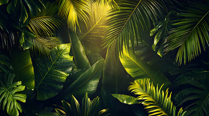 Lush tropical foliage. Sunlight filters through dense greenery