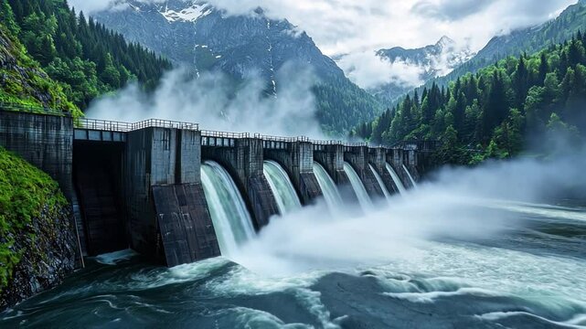 Majestic Hydro Power Dam Surrounded by Lush Green Forests and Majestic Mountains Under Dramatic Skies with Flowing Water and Cascading Waterfalls