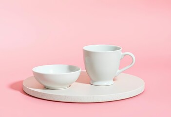 Empty bowl and cup on split pink beige background Minimalist aesthetic, monochrome, contrast
