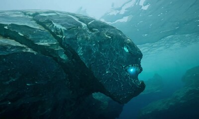 Beneath the surface of an icy ocean, a colossal titan with frozen stone armor begins to awaken. Cracks spread across the ice as its glowing blue eyes flicker open - Powered by Adobe