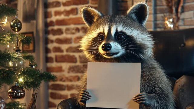 Cute raccoon holding a blank sheet of paper sitting on a chair next to a Christmas tree with decorations in a cozy living room setting