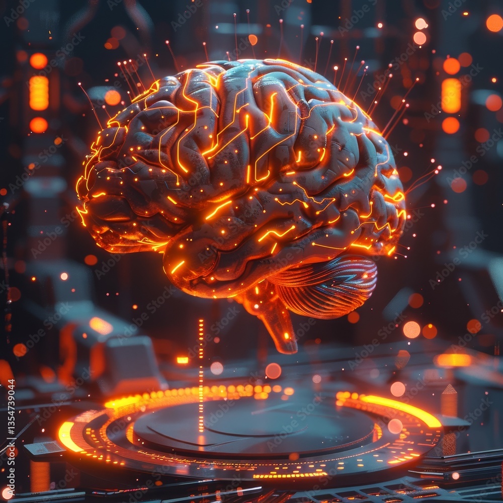 Aufkleber glowing brain with circuit board pattern on futuristic platform in vibrant colors