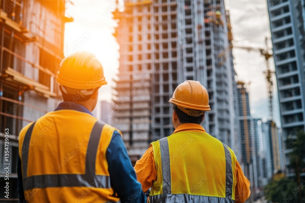 Poster construction workers observe ongoing building process at sunset in urban setting
