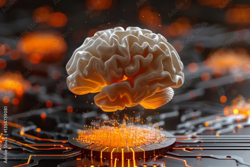 Aufkleber 3d render of an artificial intelligence brain above a circuit board with glowing orange and black li