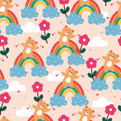 seamless pattern cute cartoon bear with rainbow, clouds and sky element. cute animal pattern for wallpaper, background and gift wrap paper