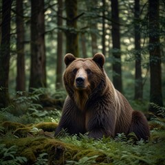 Fototapeta premium Majestic Brown Bear in a Lush Forest Wilderness