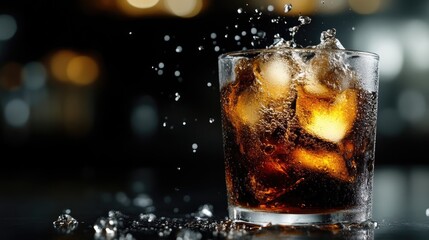 Sparkling cola drink with ice cubes