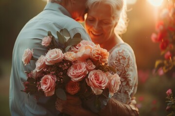 Celebrating enduring love and commitment on an anniversary in a beautiful garden at sunset