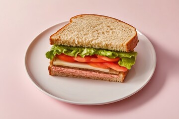 Delicious sandwich stacked with fresh ingredients on a white plate
