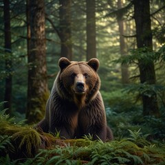 Fototapeta premium Majestic Brown Bear in a Lush Forest Wilderness