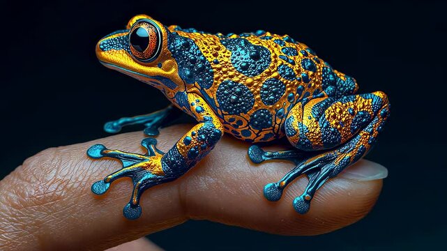 Colorful tropical tree frog perched on a person's finger showcasing vibrant skin patterns in a close encounter