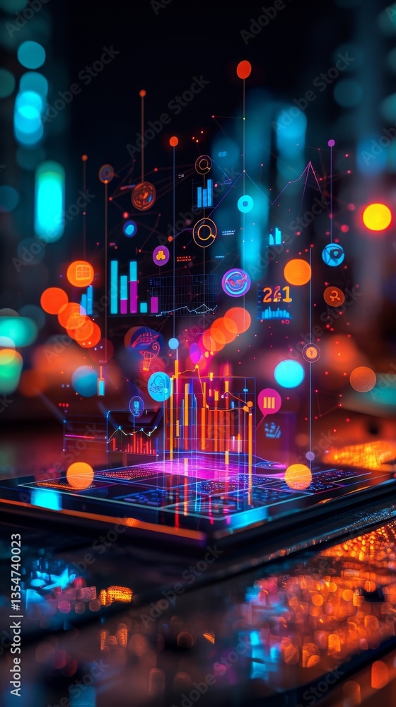 Aufkleber explore data science in marketing with digital tablets and vibrant visuals under soft window light