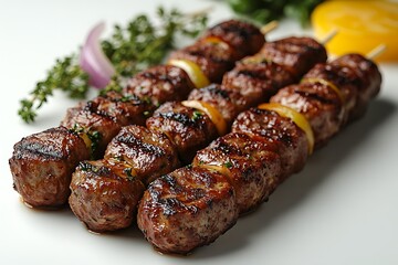 Grilled Meatball Skewers with Onion and Herbs on a White Plate, Close Up View