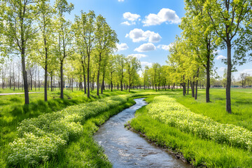 Fototapeta premium Serene stream meandering through a lush green park, lined with vibrant trees under a bright blue sky. Perfect for nature, tranquility, and environmental themes.