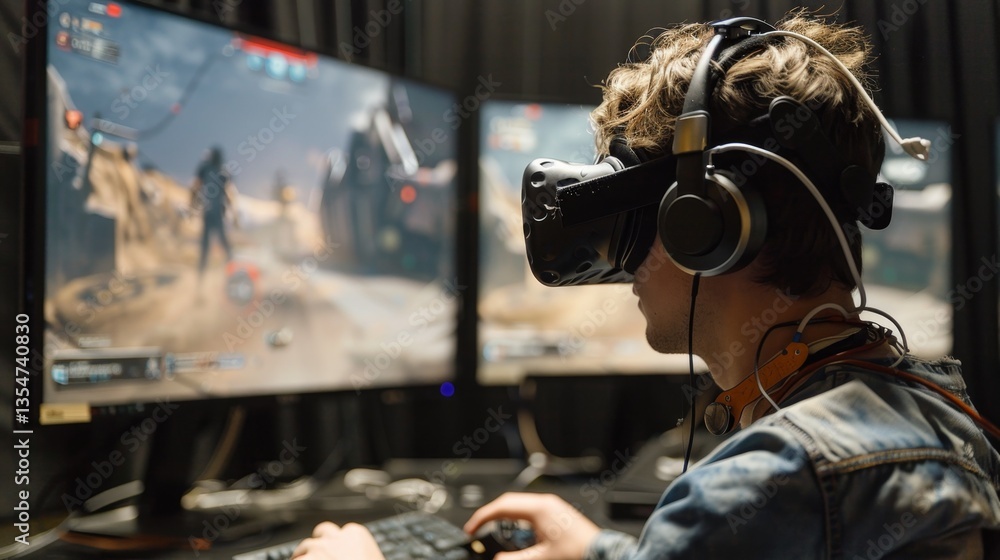Poster gamer explores immersive virtual reality experience during a gaming session at home with multiple sc