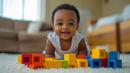 Adorable black baby playing with stacking blocks, showcasing developmental milestones and the joy of learning in early childhood, with vibrant colors and playful elements. -